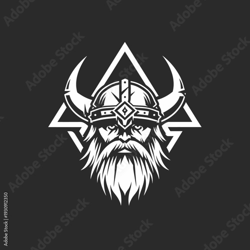 Viking warrior head illustration with horns and helmet against dark background