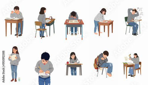 Illustrations of students coping with schoolwork, exams, and learning challenges, depicting emotions from focus to frustration and anxiety.