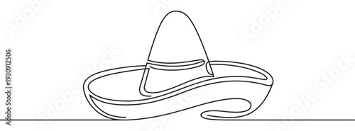 Continuous line drawing of a sombrero, a traditional Mexican hat, representing culture, celebration, and festive events with its iconic wide brim.
