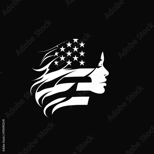 Womans profile silhouette with american flag design on black background