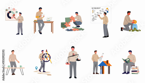 Diverse financial planning and wealth management activities, featuring a man analyzing data, strategizing retirement, saving, investing, navigating decisions, and learning for future success.