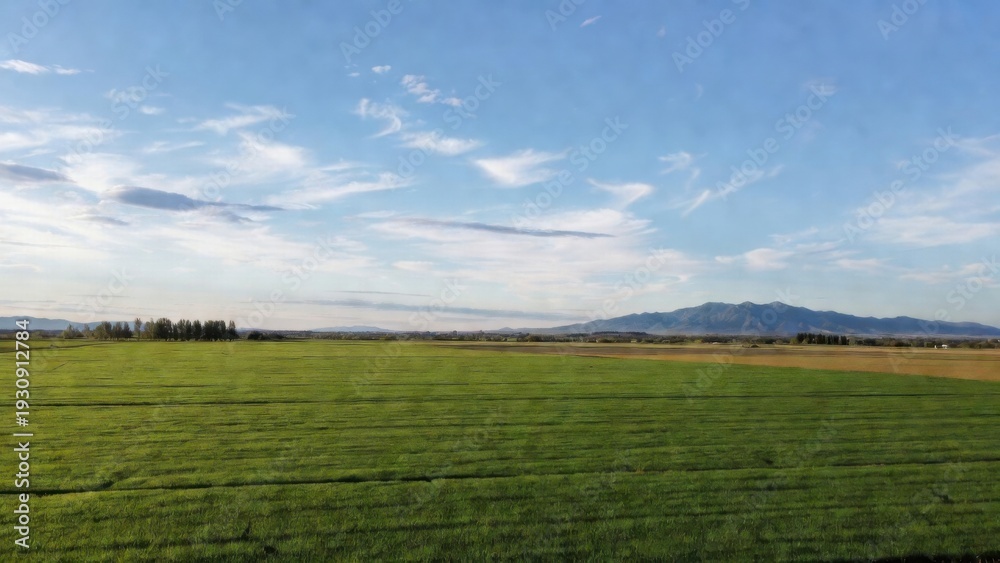 Obraz premium Vast Green Agricultural Field Under Clear Blue Sky with Distant Mountains and Trees