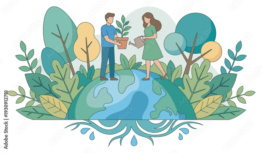 Obraz premium Man and woman caring for Earth's plants by planting and watering a small tree seedling to promote environmental sustainability.