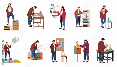 Financial management and accounting processes, tax preparation, legal document handling, and business analysis depicted in various illustrations.