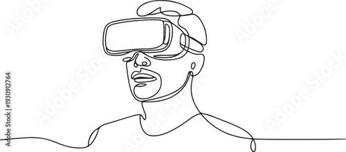 Continuous one line drawing Man in glasses device virtual reality. one line Icon drawing