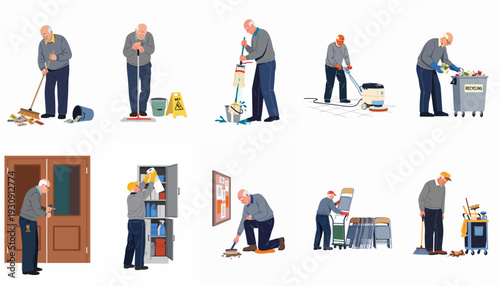 Elderly Man Performing Various Janitorial and Maintenance Duties