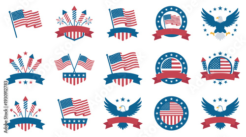 Set of American patriotic symbols vector illustrations featuring flags, eagles, and fireworks with stars and banners for national celebrations.