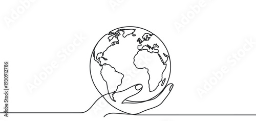 Human hand holding Earth, minimalist continuous line art, representing concepts of global unity, sustainability, and environmental responsibility.