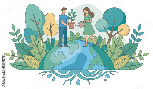 Man and woman caring for Earth's plants by planting and watering a small tree seedling to promote environmental sustainability.