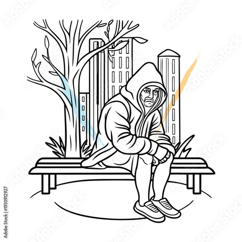 Line art illustration of a sad person sitting on a park bench, surrounded by buildings and a tree, conveying loneliness and urban isolation.