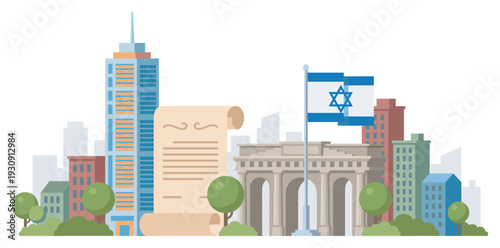 Flag of Israel, ancient scroll, and modern cityscape symbolize the nation's rich heritage, legal foundations, and cultural identity.