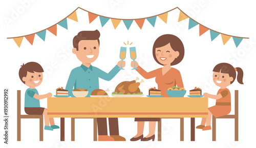Cheerful family celebrating a special festive meal together with a champagne toast at the decorated dinner table.