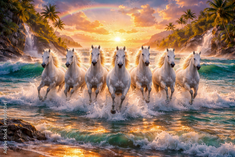 Fototapeta premium 7 White Horses Running in Ocean Waves at Tropical Sunrise – Freedom, Energy and Unity Concept