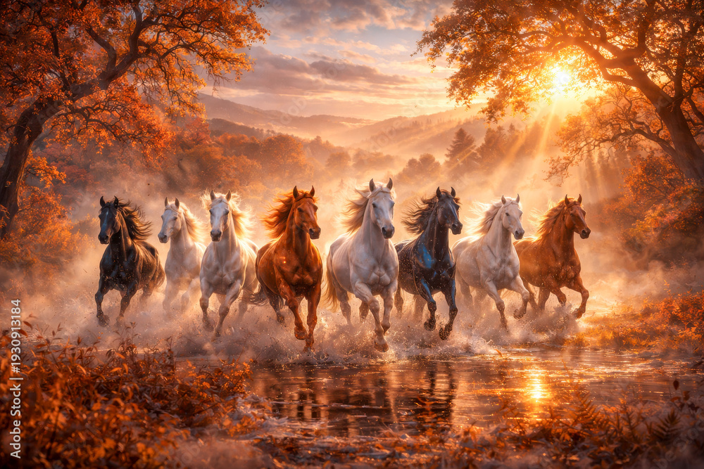 Fototapeta premium 8 Horses Running Through Autumn Forest at Golden Sunrise – Power, Freedom and Nature Harmony