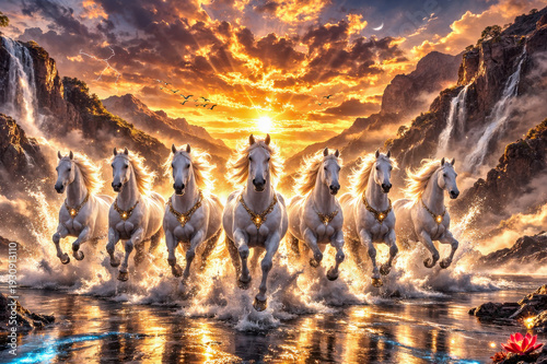 7 White Horses Running Through Waterfall Valley at Sunrise – Power, Freedom and Unity Concept