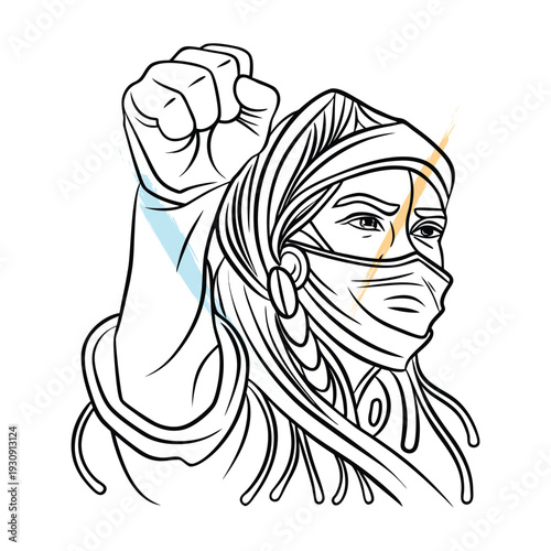 Powerful Illustration of a Woman Wearing a Mask with Raised Fist, Abstract Line Art Style