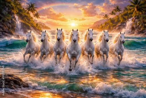 7 White Horses Running in Ocean Waves at Tropical Sunrise – Freedom, Energy and Unity Concept