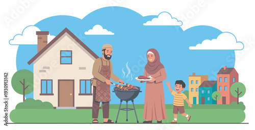 Muslim family enjoys outdoor barbecue at their home, cooking delicious food and spending quality time together on a sunny day.