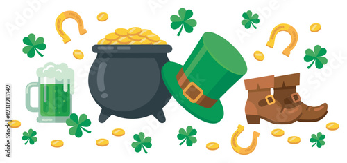 St. Patrick's Day celebration elements including a pot of gold, leprechaun hat, boots, green beer, shamrocks, and horseshoes.