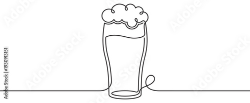 Refreshing beer glass with frothy foam is depicted in a minimalist continuous line drawing style, perfect for various designs.