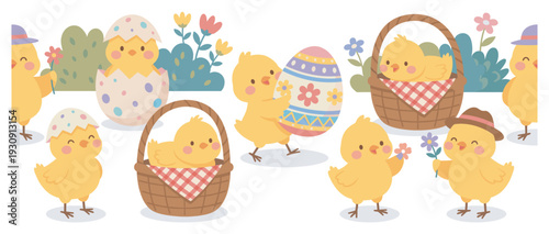 Cute yellow chicks celebrate Easter with colorful eggs, baskets, and spring flowers in a charming illustration.