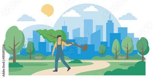 Man carrying a tree sapling walks through a vibrant city park, contributing to urban greening and environmental sustainability.