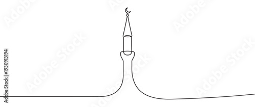 Minaret continuous line drawing with a crescent moon on top, symbolizing Islamic architecture and spiritual devotion.