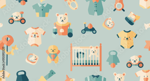 Colorful Baby Toys and Nursery Items Pattern.