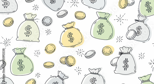 Hand Drawn Money Bags and Coins.