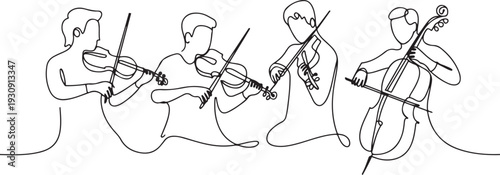 Continuous one single line drawn musical quartet violin musicians. Classic music, musician, art, instrument, concert. one line Icon drawing