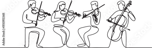Continuous one single line drawn musical quartet violin musicians. Classic music, musician, art, instrument, concert. one line Icon drawing