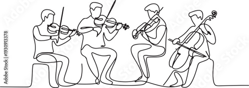 Continuous one single line drawn musical quartet violin musicians. Classic music, musician, art, instrument, concert. one line Icon drawing