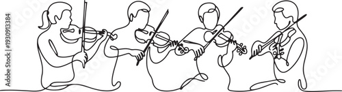 Continuous one single line drawn musical quartet violin musicians. Classic music, musician, art, instrument, concert. one line Icon drawing