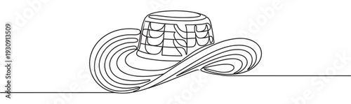 Continuous line drawing of a cowboy hat with a wide brim and a classic western design, representing adventure and freedom.