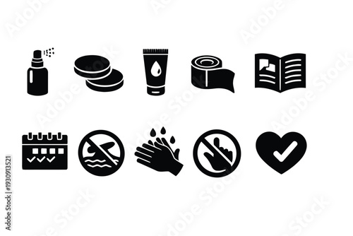 Health and safety icons, including sanitizer, hand washing, and medical symbols