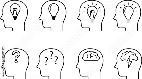 Human profile icons showing creative thinking process with lightbulbs and brainstorm symbols in outline style