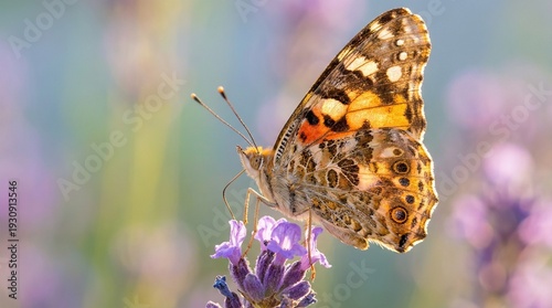 A beautiful orange butterfly with colorful wings rests on a summer garden flower in this macro wildlife nature closeup