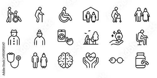 Healthcare and elderly care icons symbolizing senior life, medical assistance and well-being