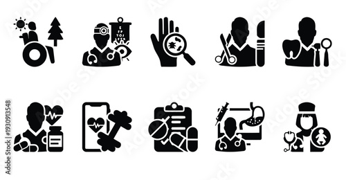 Healthcare and medical icons focused on patient health, treatment and lifestyle