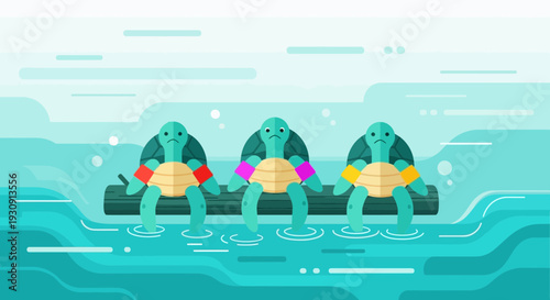 Three Sad Turtles Floating On A Log Together In The Water