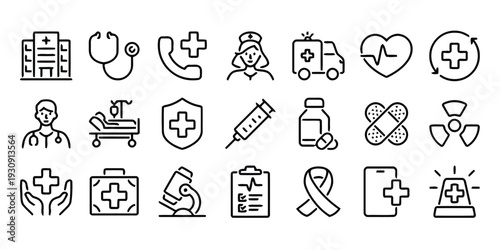 Healthcare and medical icons with hospital, doctor, and ambulance symbols