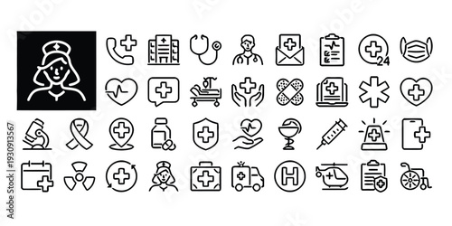 Healthcare and medical service icons in black and white