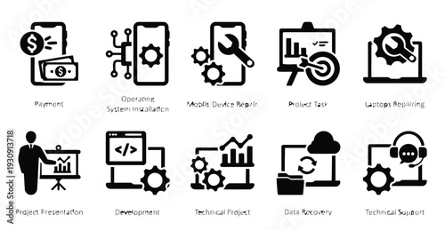 Icons pack for mobile services, IT support, and project management tasks