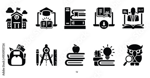 Icons related to schooling, education, and academic pursuits