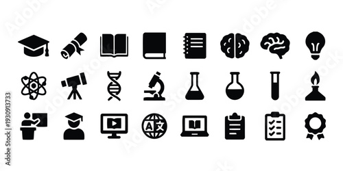 Icons related to education, science, and learning