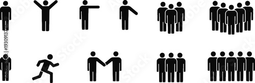 Human figure pictograms and people silhouette icons representing various actions