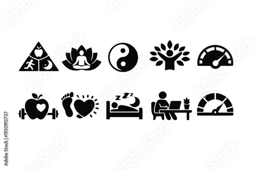 Icons for healthy lifestyle and personal growth including fitness meditation and work