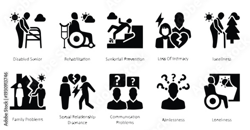 Icons related to senior life problems including disability health issues and loneliness