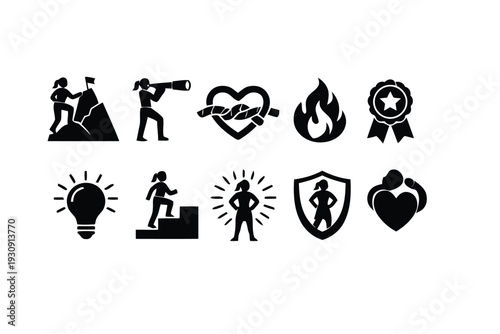 Icons representing teamwork, leadership, achievement, and personal growth for women