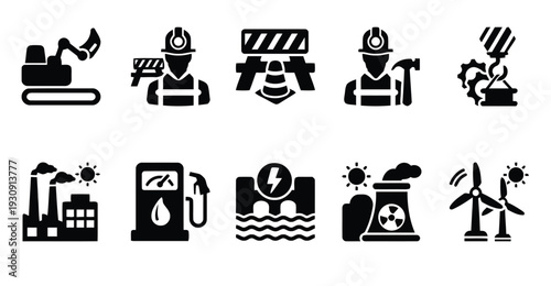 Industrial construction and energy industry icons set, heavy machinery and power generation symbols